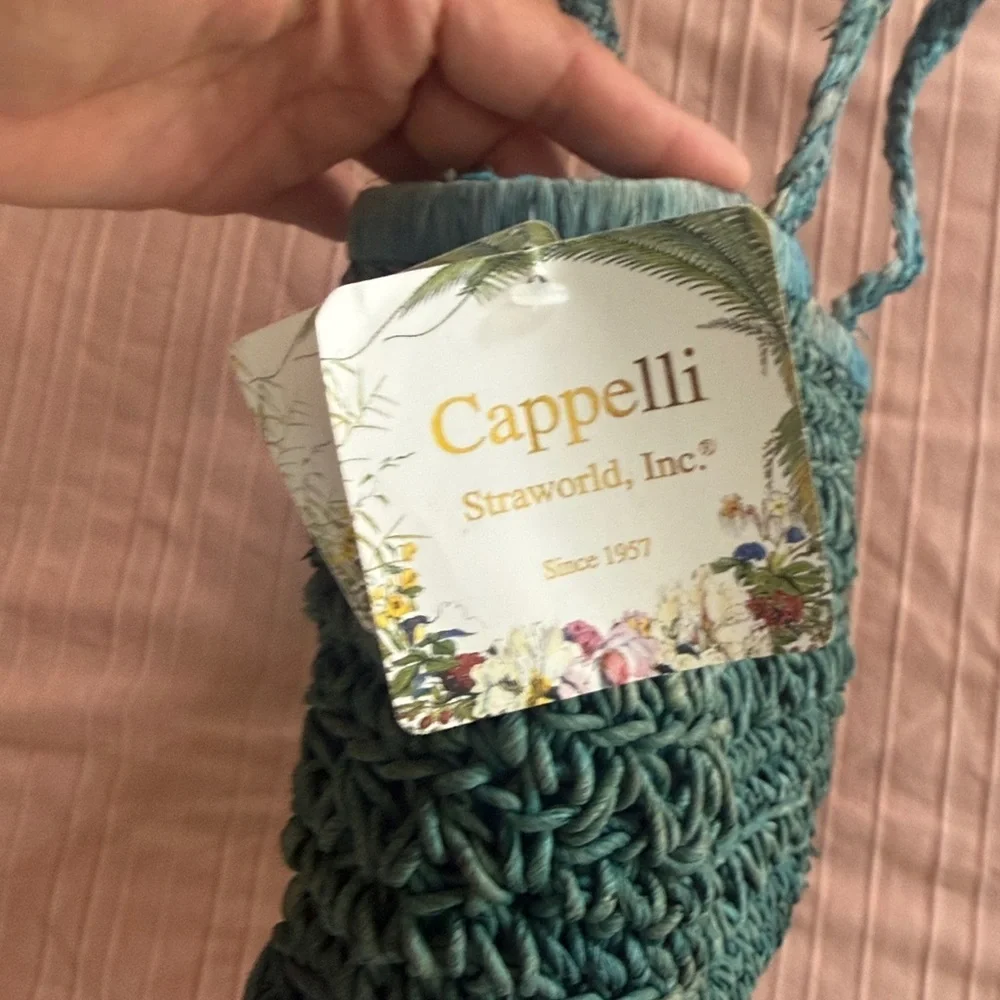 Cappella Straworld Boho Beach Bag Tote Zipper Closure Handwoven Teal Crochet